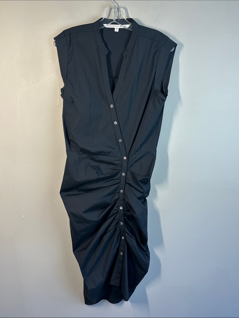 Veronica Beard Ruched Black Shirt Dress Button Down Cap Sleeve Cotton Size 6